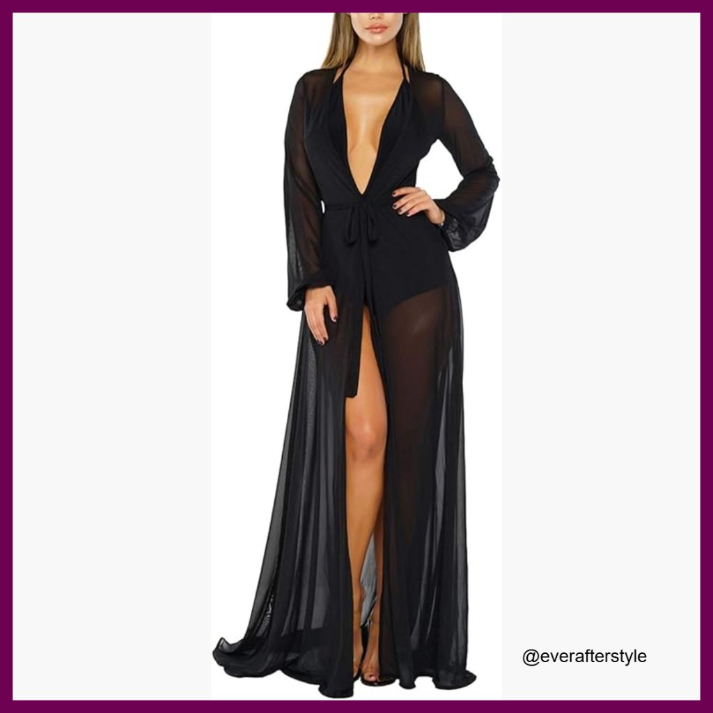 Long Sleeve Sheer Mesh Cover Up Robe Kimono Beach Resort Wear